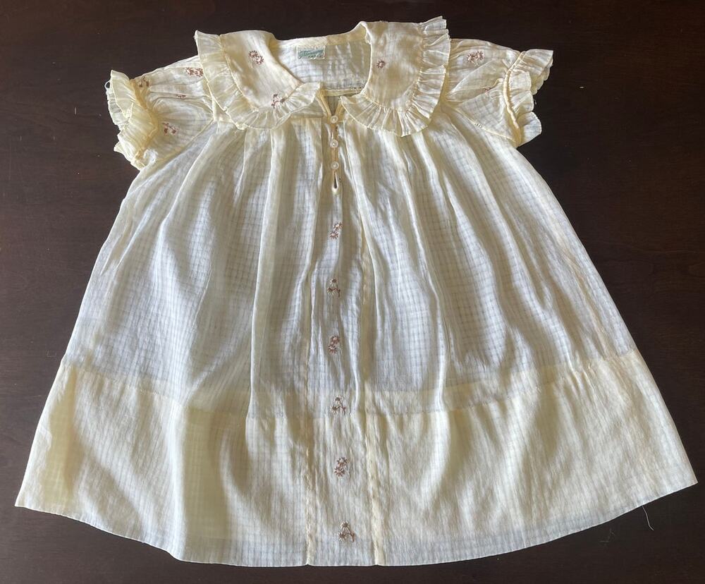Baby Blouse Ruffle Collar Embroidered Cream Seersucker 70s Handcraft Frock VTG